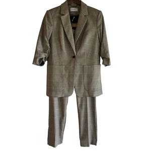 Calvin Klein Glen Plaid 2-piece Pants Suit Women's 8 Petite Brown 3/4 Ruched - Picture 1 of 21