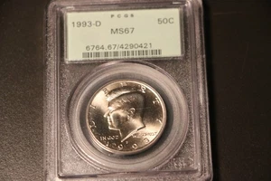 1993-D Kennedy Half Dollar 50c - PCGS GRADED MS67 RARE & BRILLIANT.   POP 116/3 - Picture 1 of 2