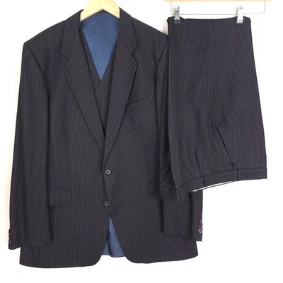 Magee 3PC Suit Dark Navy Pinstripe Pure Wool Vintage 44L | W38 L32 - Image 1 of 4