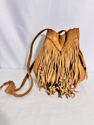 Vintage Lucky Brand Tan Suede Wood Fringe Beaded Braided Bag Boho Festival - Image 1 of 4