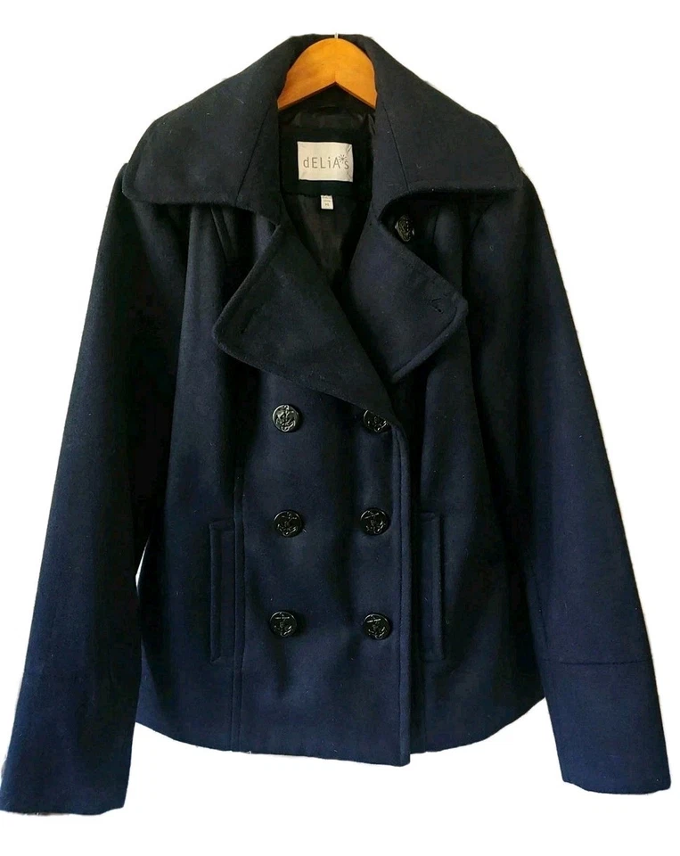 Abrigo De Colección Delia’s Peacoat Mujer XL Mezcla Lana Azul Marino Y2k Doble Pecho Foto 1 de 4