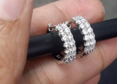 Round Cut 2 CTW Moissanite VVS1 Huggie Hoop Earrings 14K White Gold Plated 925 - Image 1 of 4