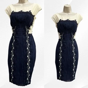 Philosophy di Alberta Ferritti Dress 10 Navy Blue Cream Plisse Silk Lace Formal - Picture 1 of 24