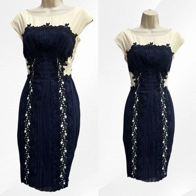 Vestido Philosophy di Alberta Ferritti 10 Azul Marino Crema Plisado Seda Encaje Formal Foto 1 de 4