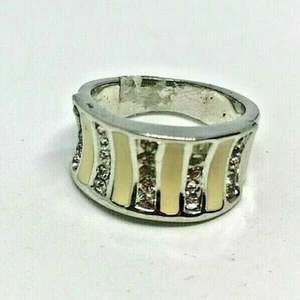 Vintage Silver Metal Rhinestone Diamante White Enamel Ring 1980' Size M - Picture 1 of 6