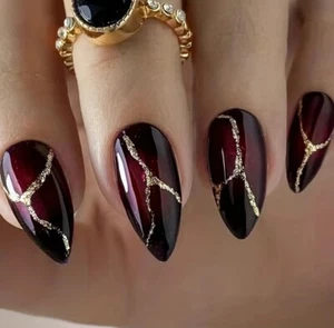 24 Pcs Medium Almond Nails, Black & Red Gradient Nails With Golden Glitter - Picture 1 of 6