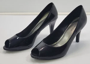 BG) Predictions Woman Black Glossy Open Toe High Heel Shoes 8W - Picture 1 of 14