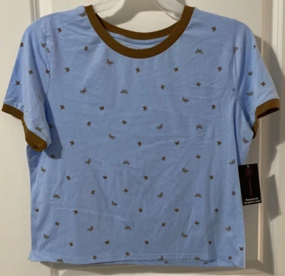 Camisa Mariposas Azul Marrón Borde Juniors Talla S 3-5 Camiseta Conversacional Multi Recorte Foto 1 de 4