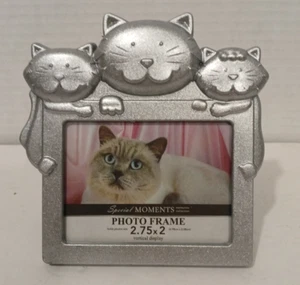 2.75 x 2 Mini Cat Picture Frame Brushed Silver Holds Photo Kitty - Picture 1 of 4