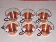 6 Teetassen klares Jenaer Glas in Kupferhalter mit Messinggriff 9,5x7,5cm