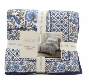Rachel Zoe Blue Cotton Block Print Floral KING Quilt Bedding 3 pc Set New - Picture 1 of 4