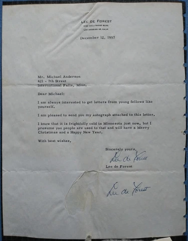 Lee de Forest, autograph signed twice on official letterhead, 10-1/2"h x 8-1/4"w Cover
