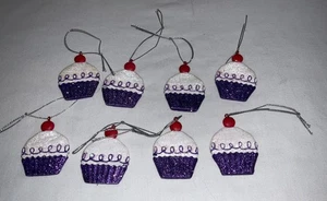 Cupcakes Christmas Ornaments Glittery Purple Cherry On Top Lot 8 - Picture 1 of 7