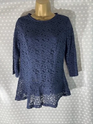 Womens Papaya Uk 14 Navy Blue Floral Lace 3/4 Sleeve Fitted Sheer Blouse Shirt - Image 1 of 4
