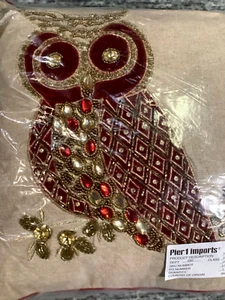 Pier 1 Imports Beaded Jeweled Embroidered Owl Pillow 14" x 14" Red Gold Fall NWT - Picture 1 of 10