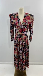 Vestido Floral De Colección Años 90 Negro Rosa Ajuste Acampanado Jardín Fiesta ED Michaels Almohadillas para el Hombro - Imagen 1 de 7