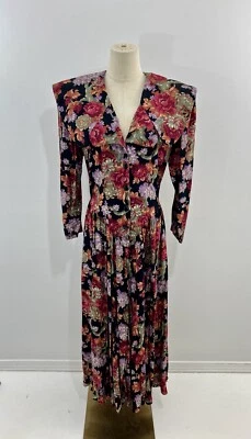 VTG 90s Floral Dress Black Rose Fit Flare Garden Party ED Michaels Shoulder Pads - Image 1 of 4