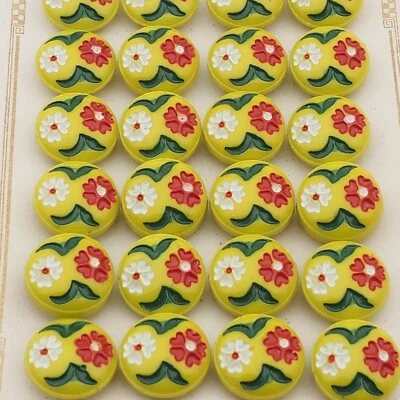 Card (24) Czech vintage hand painted flower yellow glass buttons 13mm - Image 1 of 3