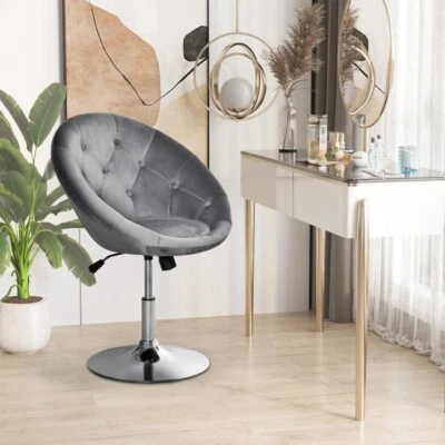 Grey Velvet Swivel Bar Stool Chair Tufted Back Height Adjustable Seat - Image 1 of 4