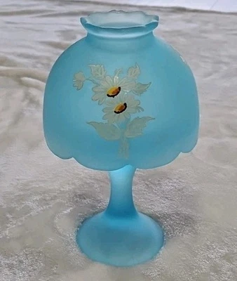 Westmoreland Blue Satin Frosted Glass Fairy Lamp Daisy Decal Blue Mist - Image 1 of 4