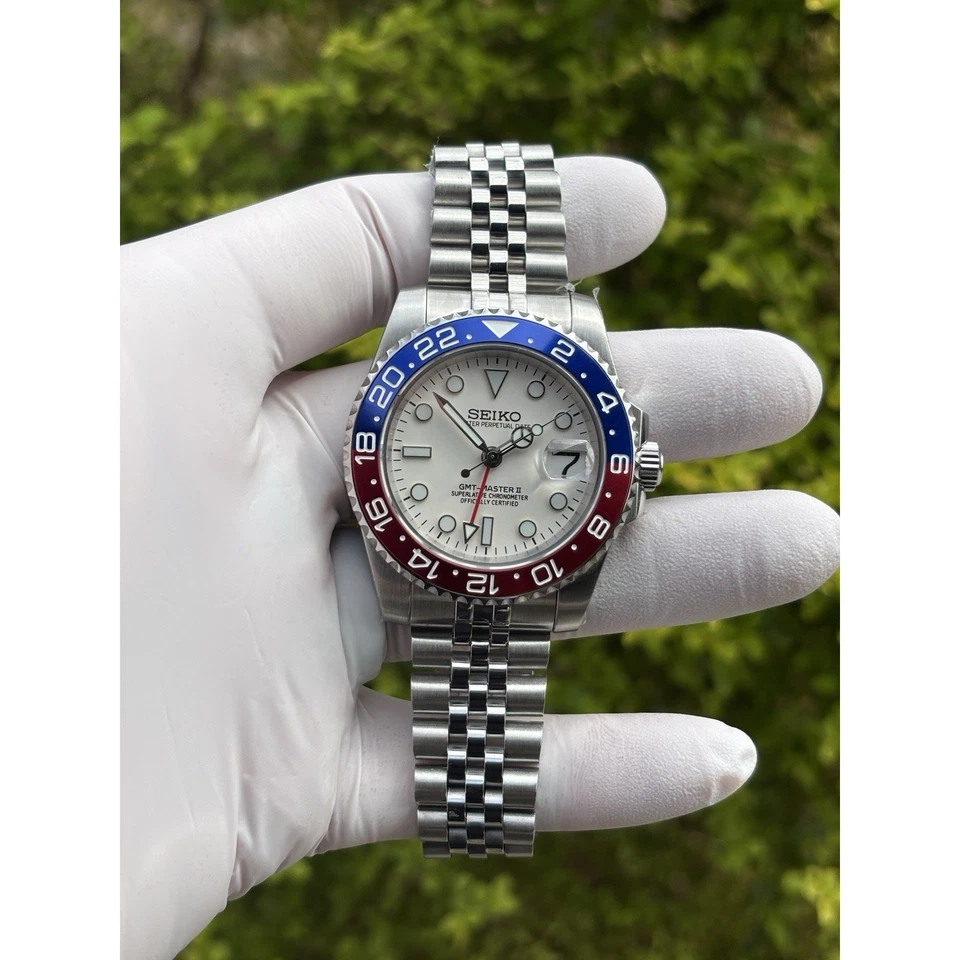 Seiko NH34 Mod Watch Automatic GMT 40mm White Dial Red Blue Bezel Steel 5ATM - Image 1 of 4