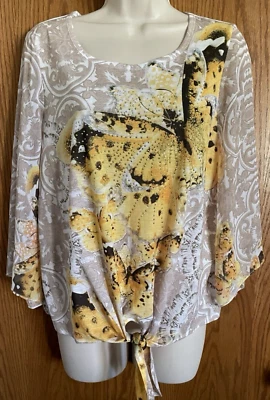 JM Collection 蝴蝶装饰上衣领带前 3/4 袖女式 S 码 — 第 1/4 张图片