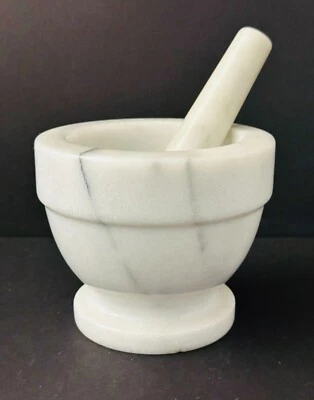 Large White & Grey Marble Stone Grinder Mortar 4.3in Tall & Pestle 5.5in Long - Image 1 of 4