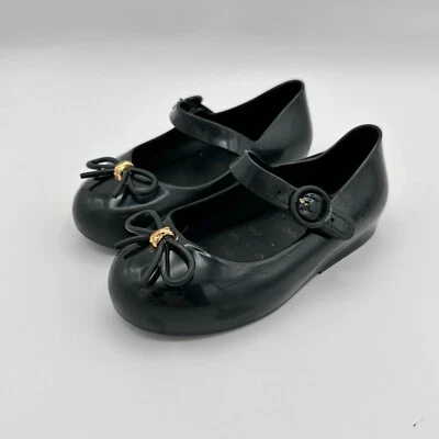 Mini Melissa Mary Jane Zapatos Planos Niñas Talla 8 Negro Jalea Goma Arco Pascua Foto 1 de 4