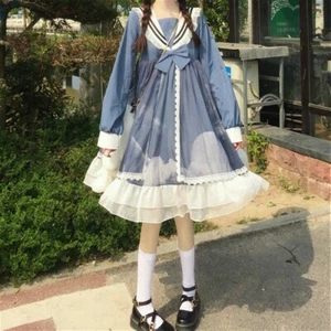 Lady Gothic Lolita Dress Cosplay Costume Kawaii Ruffle Long Sleeve Sailor Black - Picture 1 of 10