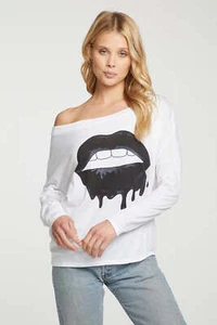 CHASER NWT $64 White Drippy Black Lips Long Sleeve Off Shoulder Tee Shirt Sz L - Picture 1 of 4