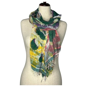 Tamaki Niime Women's Shawl Scarf Yellow Green Printed Cotton Fringe 72" - Picture 1 of 8