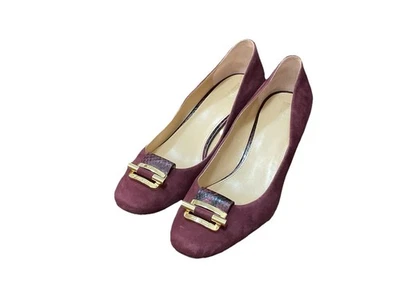 Michael Kors Gloria Pump Suede Plum Burgundy Slipon 10M Stock Heel Buckle Shoes - Image 1 of 4
