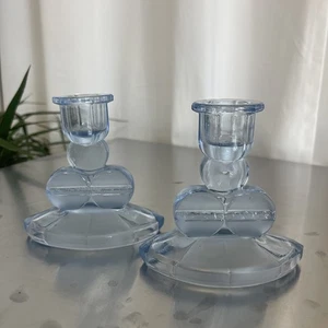 Vintage Pair Of Blue Glass Candle Holders 1940s Art Deco Style 11cm X2 - Picture 1 of 6