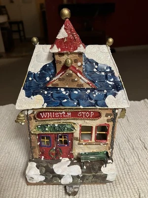 Suporte de meia vintage de metal CHRISTMAS EXPRESS pintado à mão WHISTLE STOP - Imagem 1 de 4