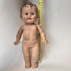 Vintage 1950s Rubber Doll Haunted Look Inset Eyes Squeaker Distressed Creepy 10" - Picture 1 of 24