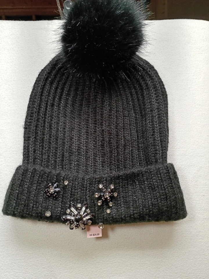 维多利亚的秘密冬季天使闪闪发光的星星黑色球形帽子无檐帽全新带标签 — 第 1/4 张图片