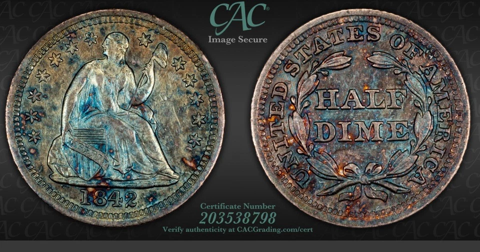1842 Half Dime CAC Grading AU Details Questionable Toning  AMAZING Color!!! - Image 1 of 4