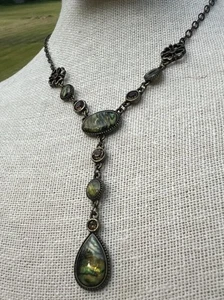Abalone Art Deco Kleeblatt Tropfen Halskette 16" antik goldfarben signiert NRT - Bild 1 von 8