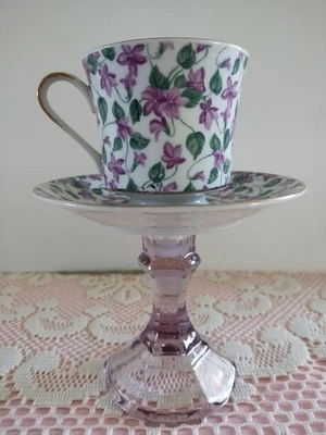 Shaby Chic Tea Cup Candlestick Votive Home Decor China 7.5 Inch Tall Lavender - Image 1 of 4
