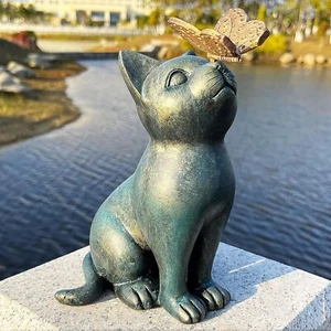 Cat Statue Garden Outdoor Decor, with Butterfly Statues, Green - Picture 1 of 6