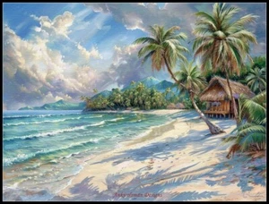 Tropical Beach and Palms - Counted Cross Stitch Patterns - Color & BW Symbols - Picture 1 of 2