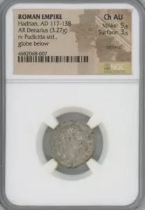 Römisches Reich Hadrian, 117-138 n. Chr., AR Denar (3,27 Gramm) NGC Ch AU - Bild 1 von 2