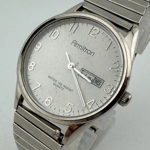 Vintage Armitron Quartz Watch Men 50m Silver Day Date Stretch Analog New Battery - Picture 1 of 6
