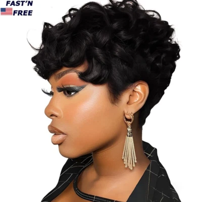 Black Pixie Cut Wig Short Pixie Wigs for Women Black Human Hair Curly Pixie Wigs - Image 1 of 4