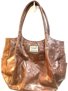 Nicole Miller Leather faux brown handbag Funky 70s inspired lining! - Picture 1 of 9