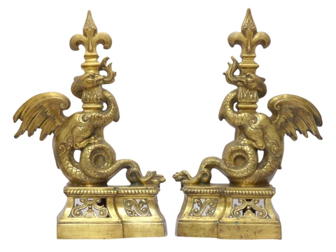 OMG Gothic Antique Bronze Pair Andirons 1880 Fire Dogs Fireplace Chimera Griffin Cover