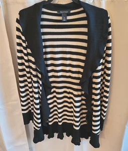 White House Black Market Cardigan Medium Silk Blend Longline Stripe Ruffle 15765 - Picture 1 of 7