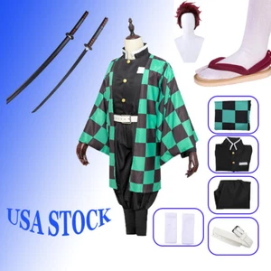Costume Halloween AdultoTanjiro Cosplay Costume Outfit Set con Spada Scarpe Parrucca - Foto 1 di 9