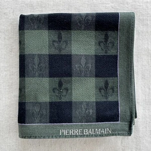 Vintage Handkerchief Cotton Green Navy Check & Fleur De Lis Pocket Square 18" - Picture 1 of 4