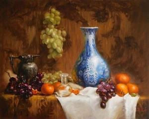 Original Ölgemälde Stillleben Realismus blau weiß Vase, Kupfer mit Früchten Z.Li - Bild 1 von 5